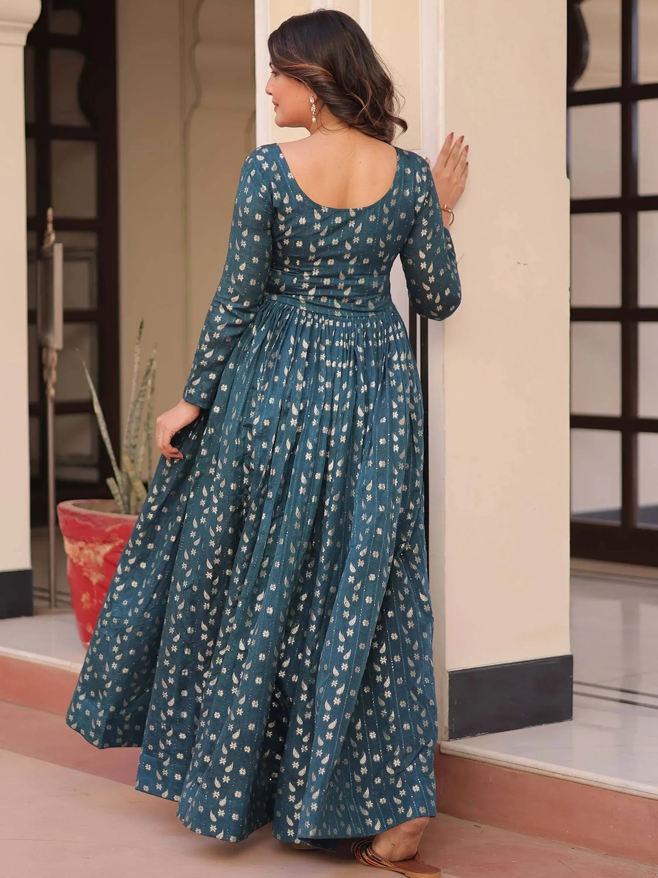 Teal ethnic gown with white floral print, long sleeves, and back scoop neck for women