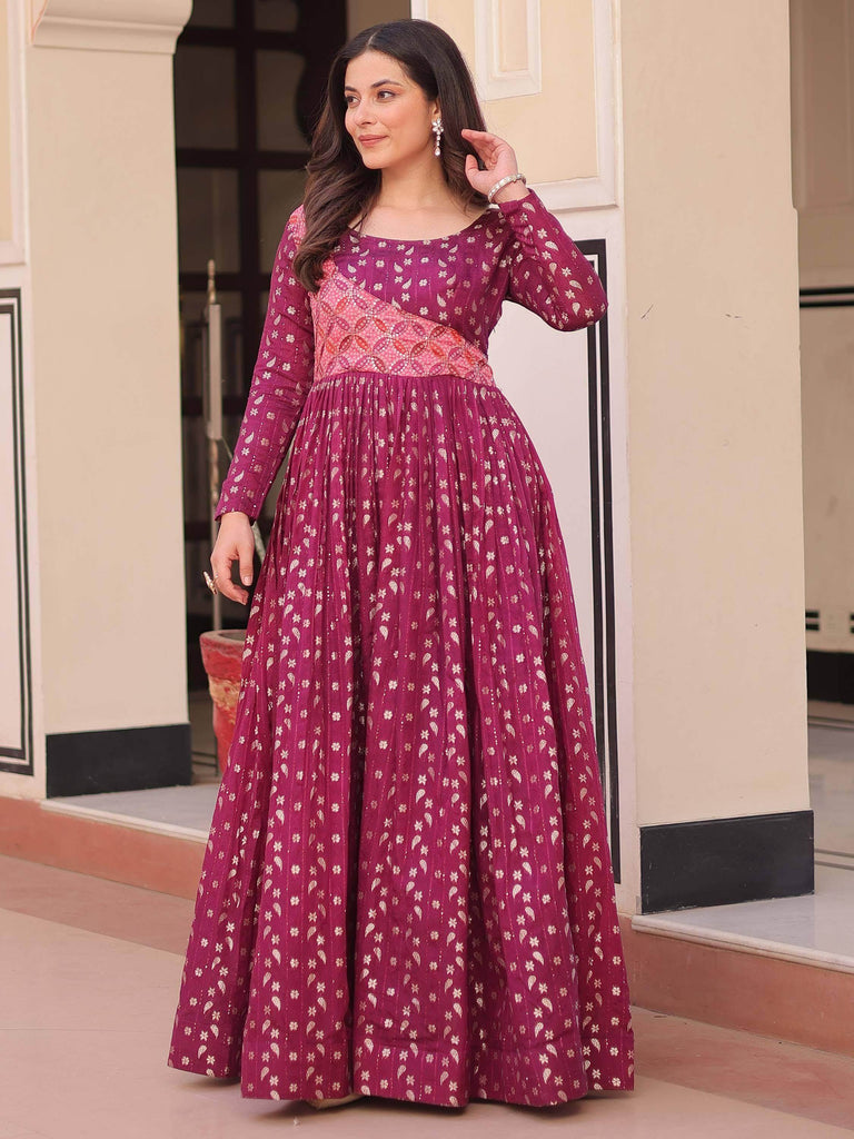 Lovely Wine Zari Weaving Cotton Traditional Gown
