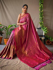 Erotic Magenta Jacquard Kanjeevaram Silk Wedding Saree With Blouse