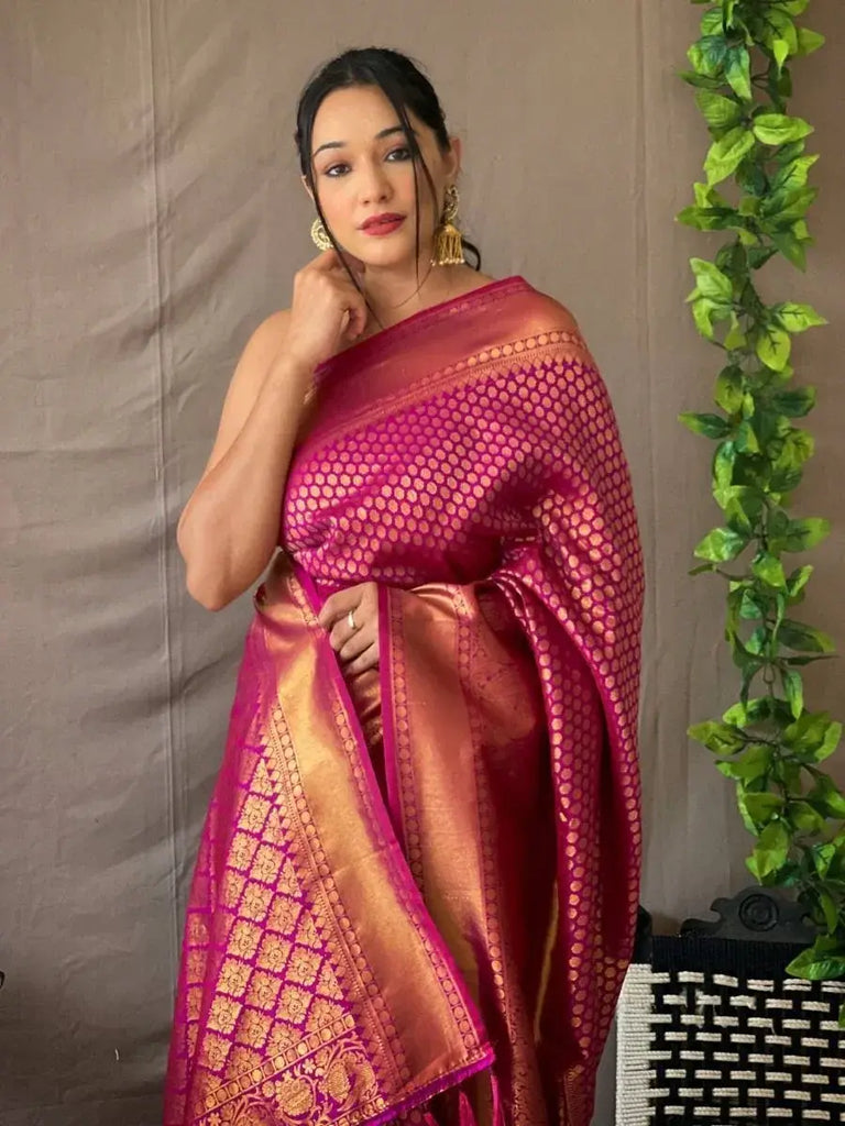 Erotic Magenta Jacquard Kanjeevaram Silk Wedding Saree With Blouse