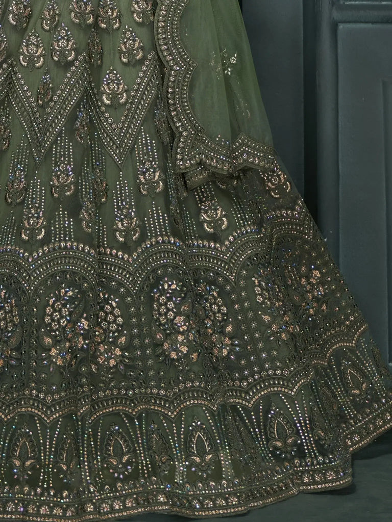 Magnetic Green Embroidered Net Bridesmaid Lehenga Choli With Dupatta - Ethnic Plus In