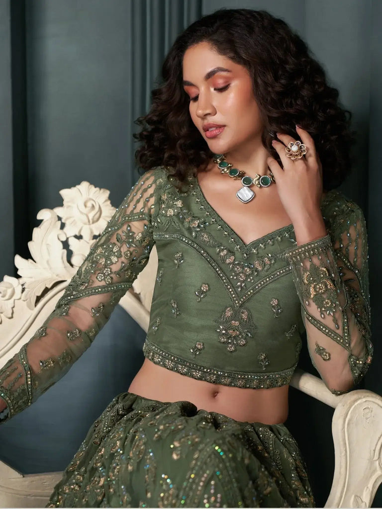 Magnetic Green Embroidered Net Bridesmaid Lehenga Choli With Dupatta - Ethnic Plus In