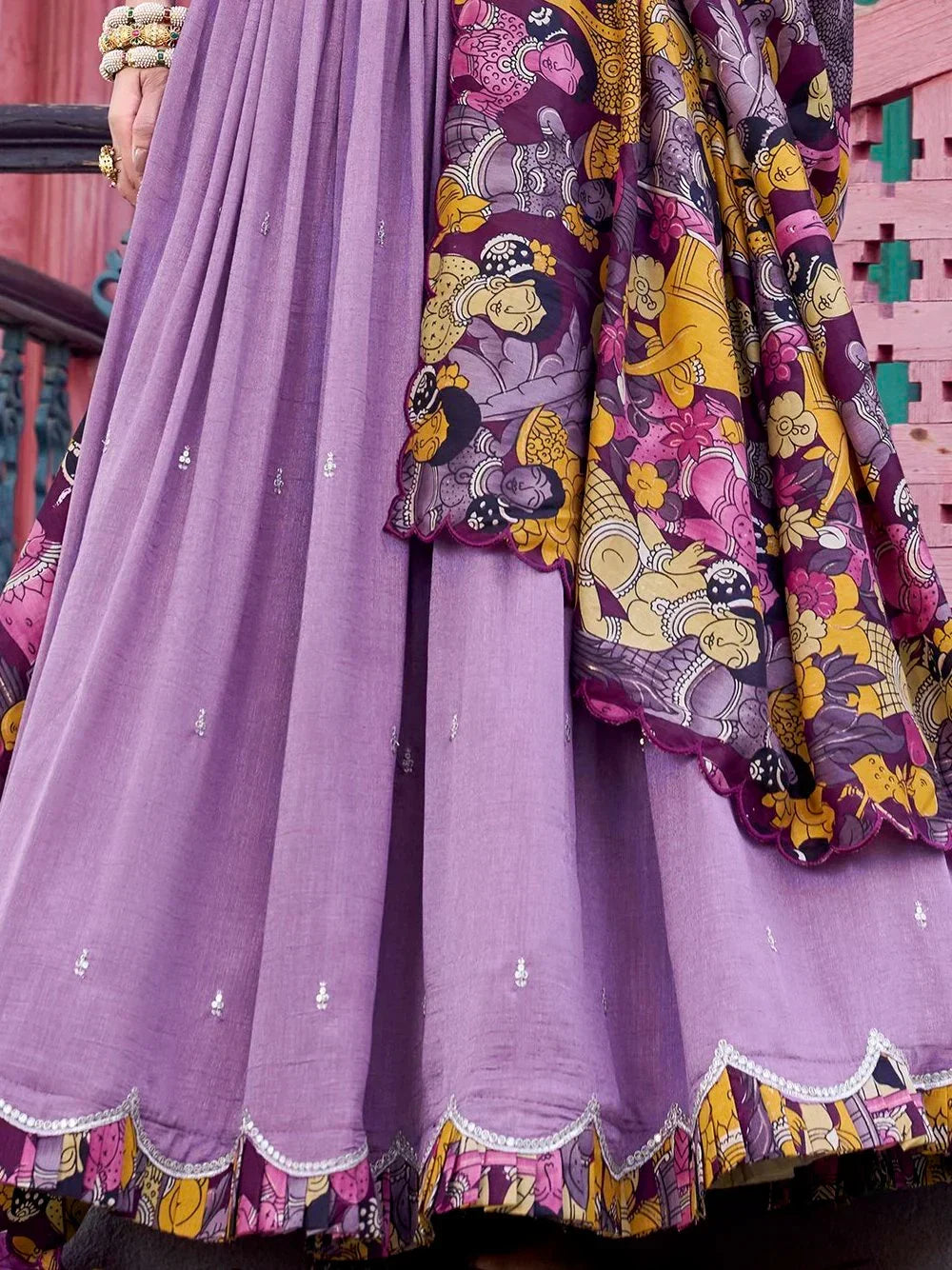 Purple ethnic lehenga with printed dupatta and mirror work, perfect for Indian occasions