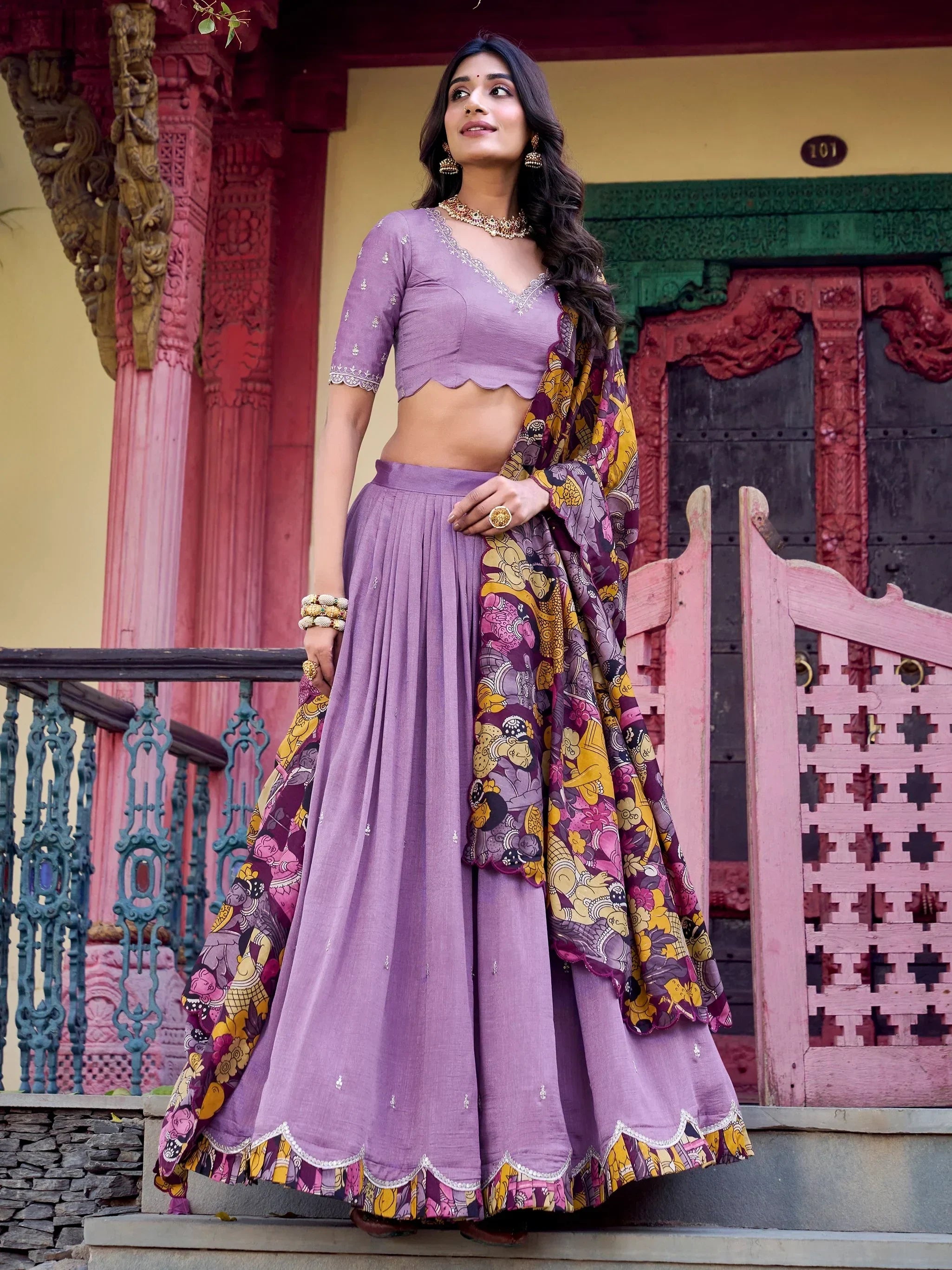 Purple designer lehenga choli with floral dupatta, ethnic Indian wear for women