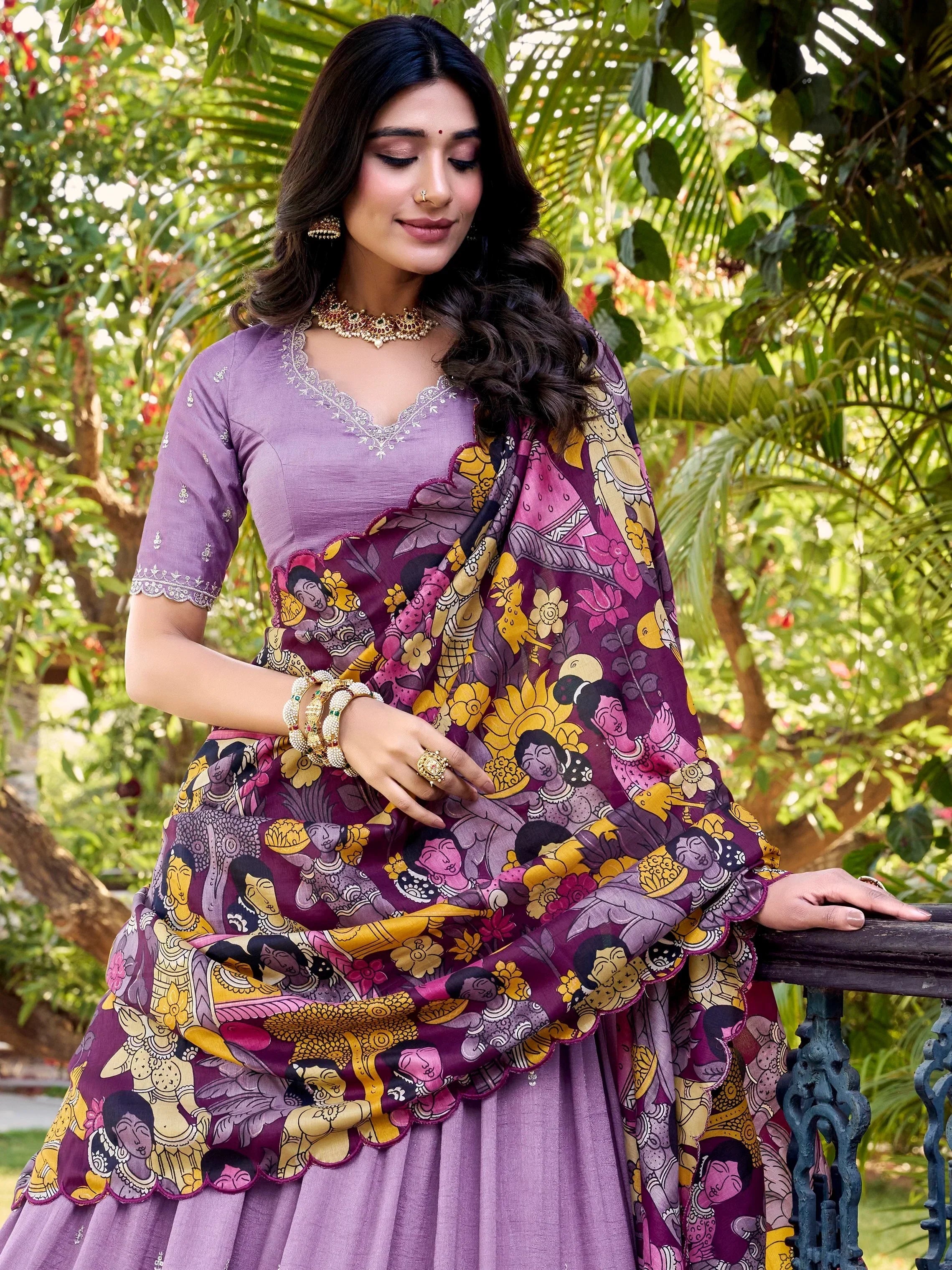 Purple ethnic gown with printed dupatta, perfect for Indian occasions and festive wear
