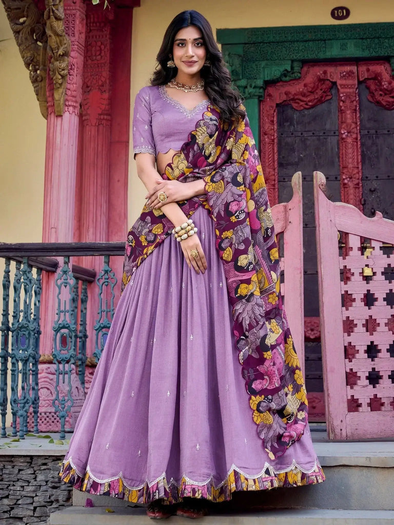 Magnetic Lavender Thread Work Vichitra Silk Traditional Lehenga Choli - Ethnic Plus In