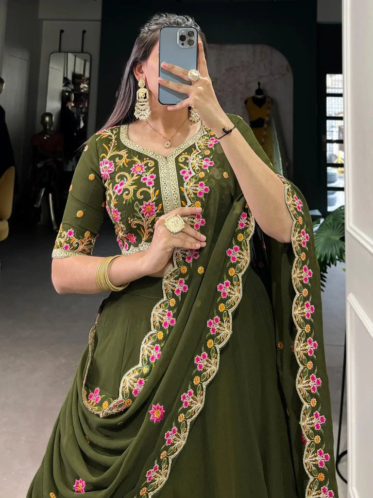 Magnetic Mehendi Green Georgette Lehenga With Thread Embroidery Blouse - Ethnic Plus In