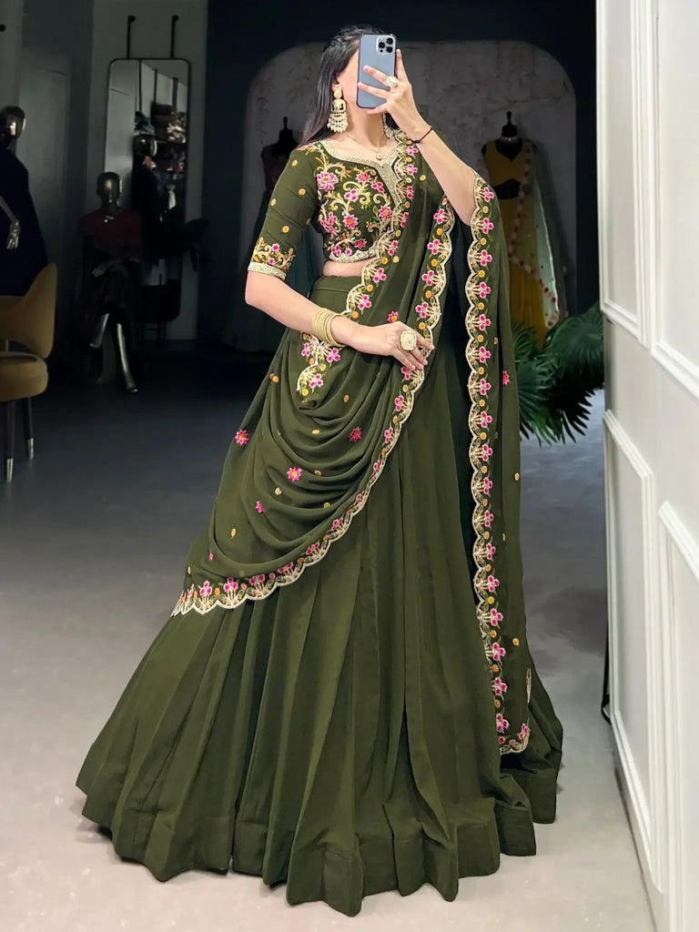 Magnetic Mehendi Green Georgette Lehenga With Thread Embroidery Blouse - Ethnic Plus In