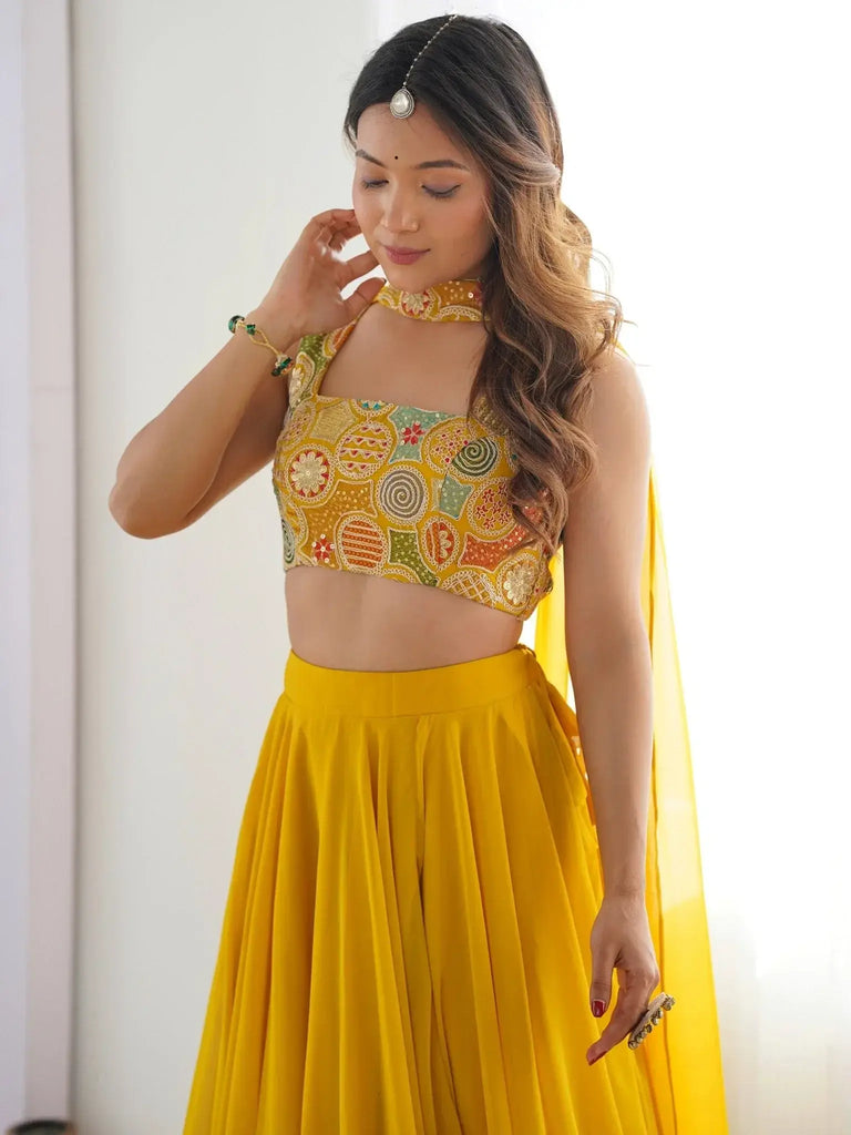 Magnetic Yellow Georgette Haldi Wear Lehenga Choli With Dupatta - Ethnic Plus In