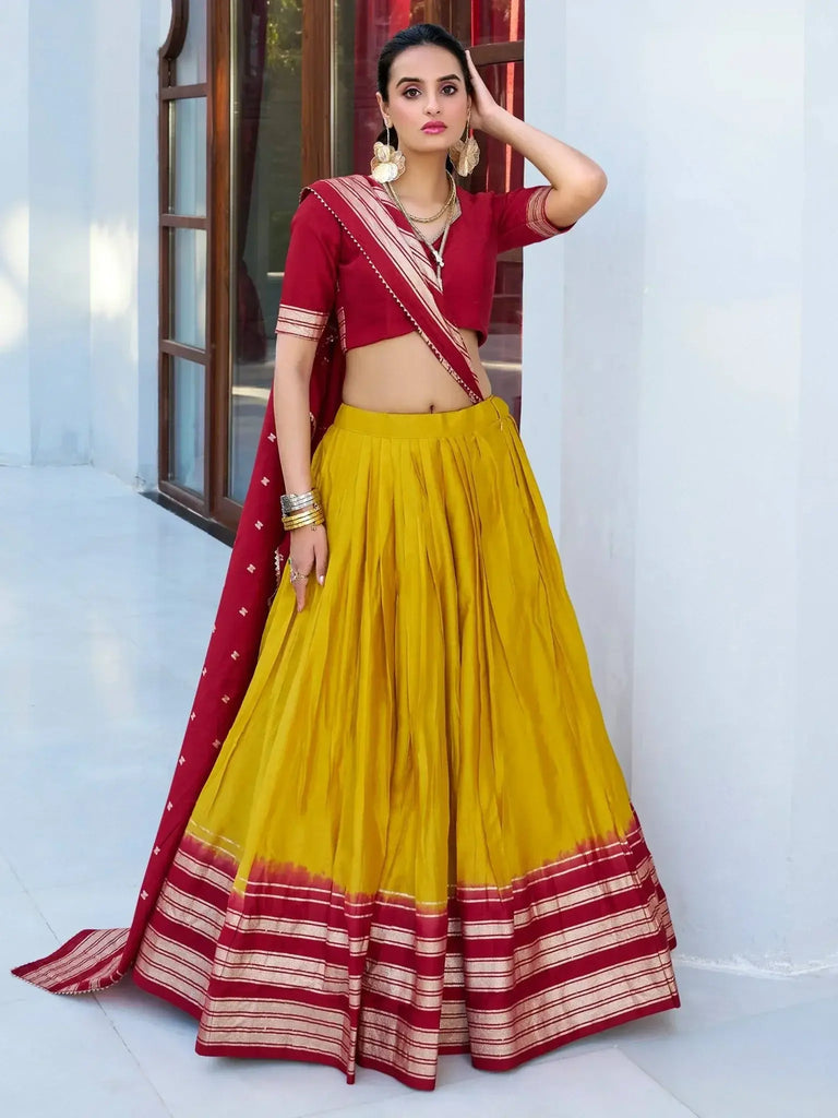 Magnetic Yellow Zari Weaving Chanderi Silk Haldi Wear Lehenga Choli - Ethnic Plus In