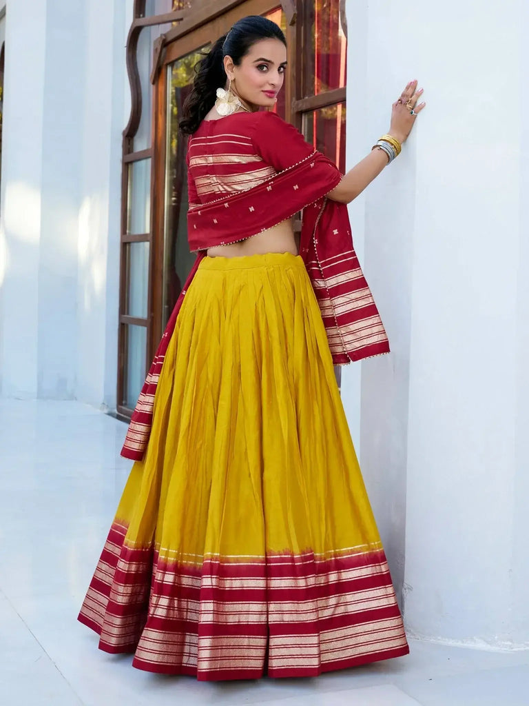 Magnetic Yellow Zari Weaving Chanderi Silk Haldi Wear Lehenga Choli - Ethnic Plus In