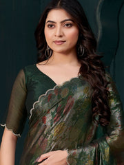 Magnetic Green Floral Printed Silk Casual Wear Saree With Blouse