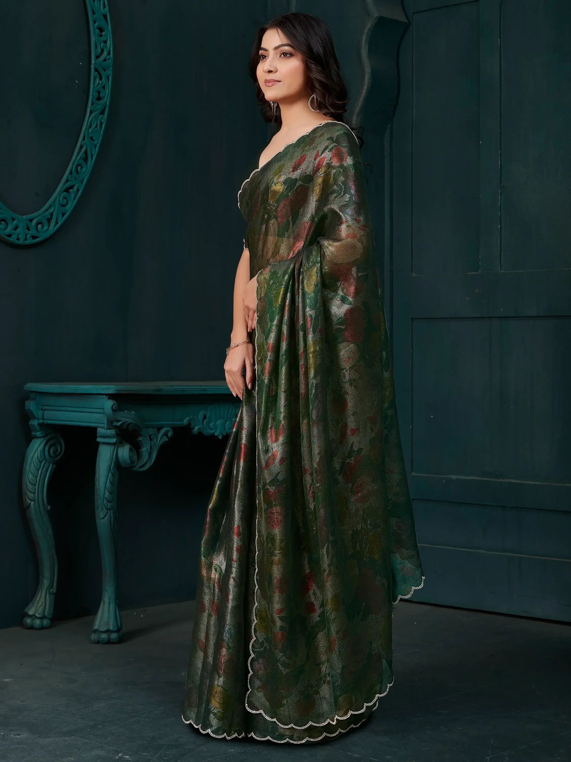 Magnetic Green Floral Printed Silk Casual Wear Saree With Blouse