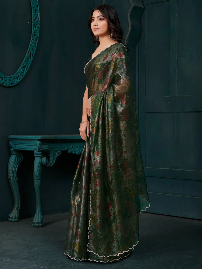 Magnetic Green Floral Printed Silk Casual Wear Saree With Blouse