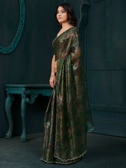 Magnetic Green Floral Printed Silk Casual Wear Saree With Blouse