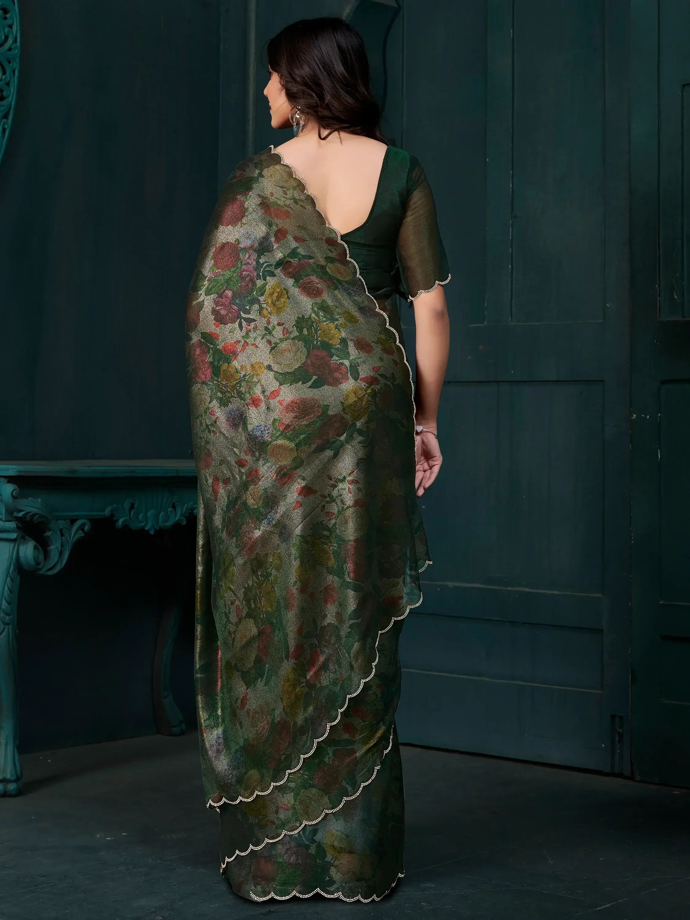 Magnetic Green Floral Printed Silk Casual Wear Saree With Blouse