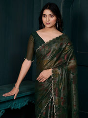 Magnetic Green Floral Printed Silk Casual Wear Saree With Blouse