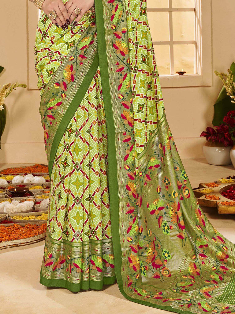 Magnetic Light Green Ikkat Printed Cotton Casual Wear Saree