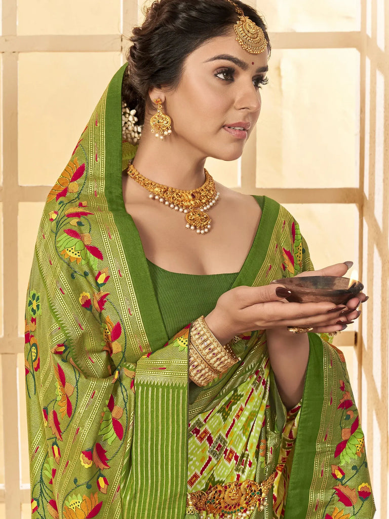 Magnetic Light Green Ikkat Printed Cotton Casual Wear Saree