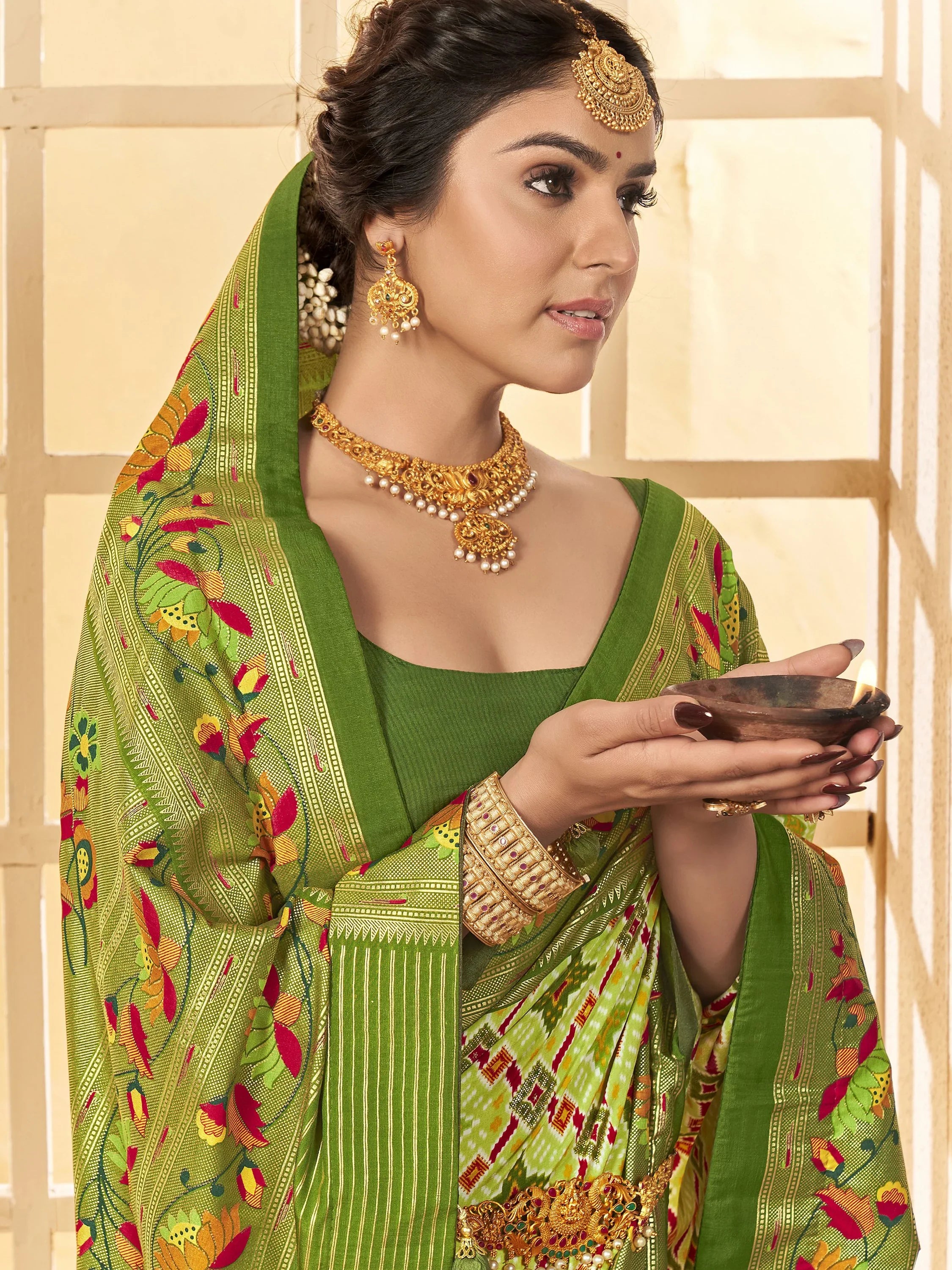 Magnetic Light Green Ikkat Printed Cotton Casual Wear Saree