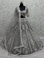 Magnificent Grey Pearl Work Net Engagement Wear Lehenga Choli