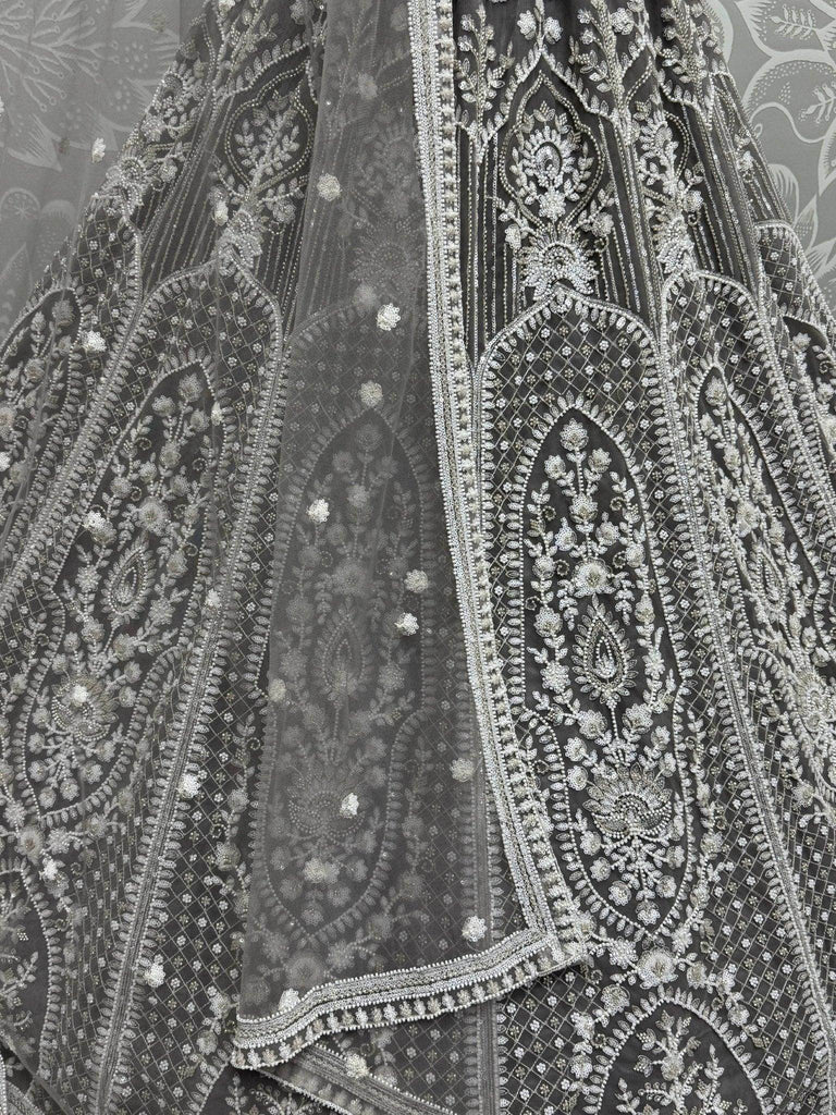Magnificent Grey Pearl Work Net Engagement Wear Lehenga Choli - Ethnic Plus In