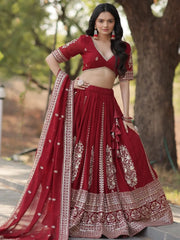 Magnificent Maroon Sequins Georgette Engagement Wear Lehenga Choli - Ethnic Plus In