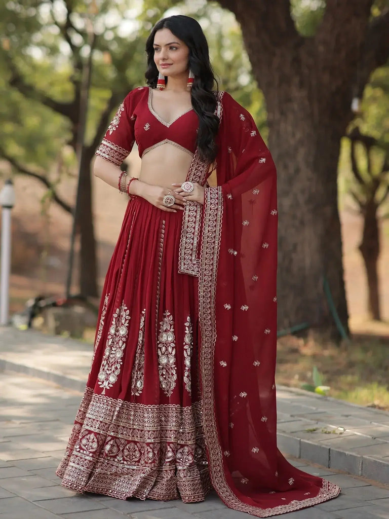Magnificent Maroon Sequins Georgette Engagement Wear Lehenga Choli - Ethnic Plus In