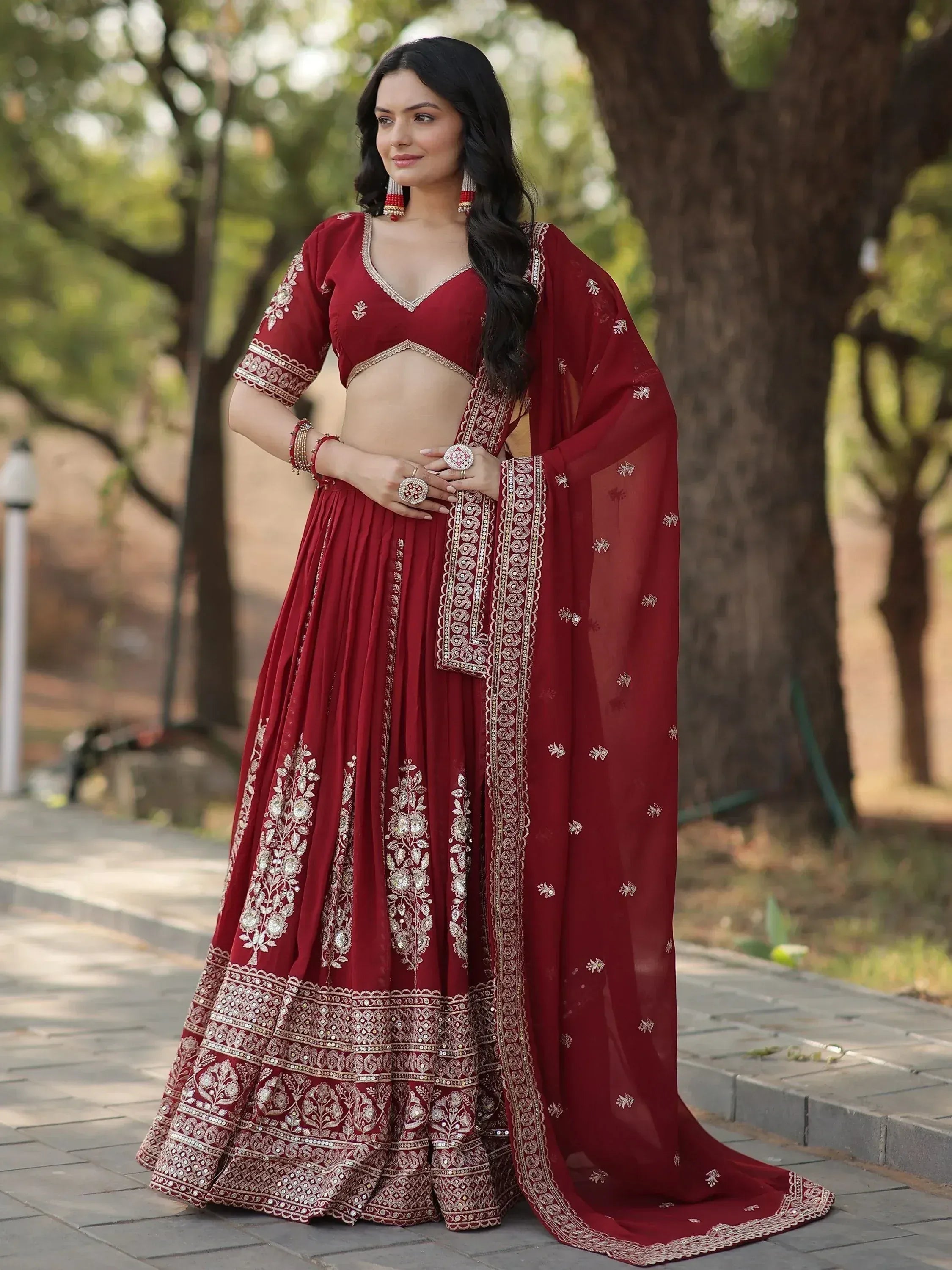 Maroon embroidered lehenga choli with dupatta, Indian ethnic wear for weddings and festivals