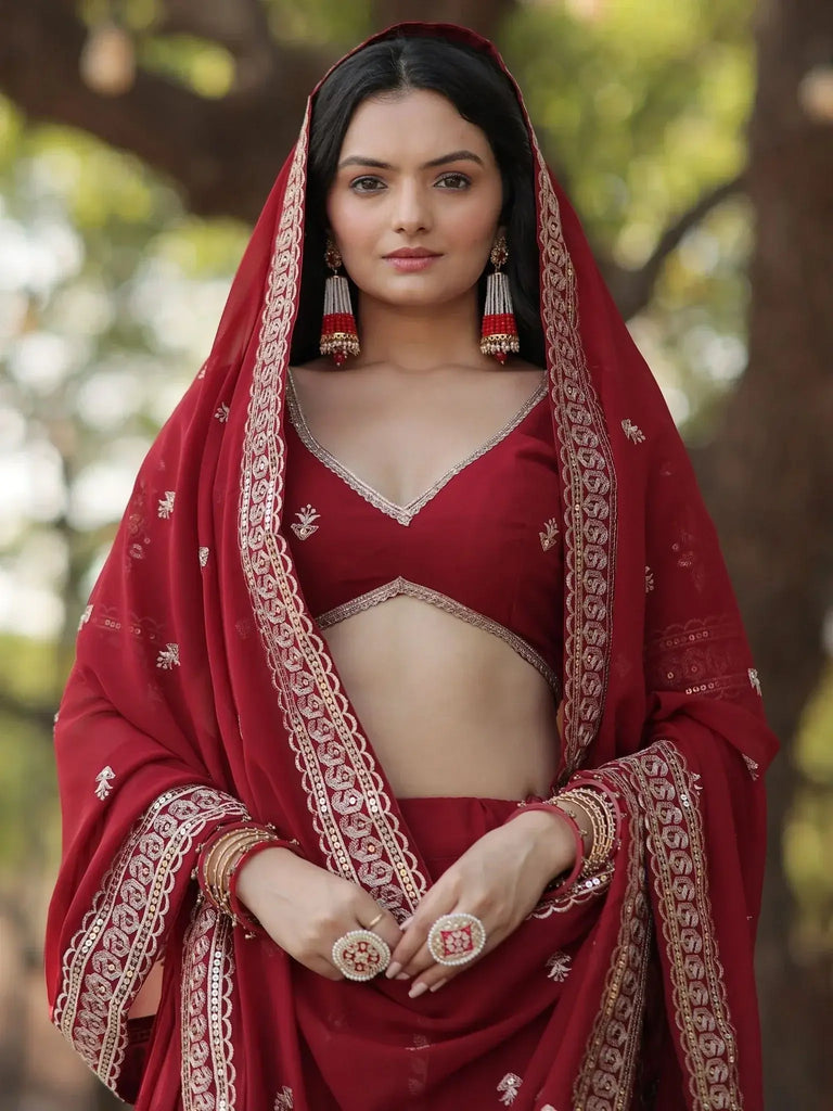 Magnificent Maroon Sequins Georgette Engagement Wear Lehenga Choli - Ethnic Plus In