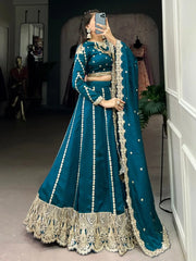 Magnificent Teal Blue Embroidered Vichitra Silk Engagement Wear Lehenga Choli - Ethnic Plus In
