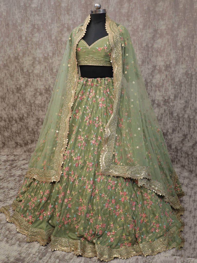 Charming Mehendi Green Embroidery Chinon Silk Wedding Lehenga Choli