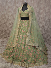 Charming Mehendi Green Embroidery Chinon Silk Wedding Lehenga Choli