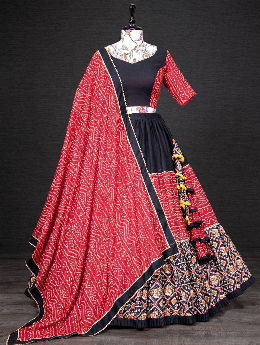 Red and black printed lehenga choli with dupatta, ethnic Indian wear for women