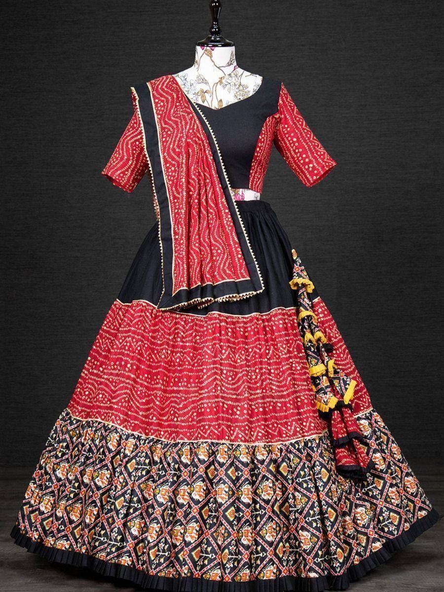 Red and black printed lehenga choli with dupatta, ethnic Indian wear for women