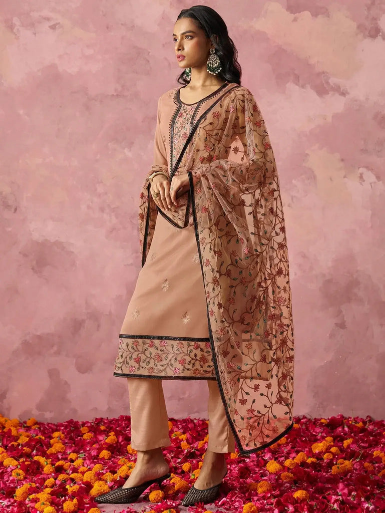 Majestic Beige Thread Embroidered Festive Wear Pant Suit - Ethnic Plus In