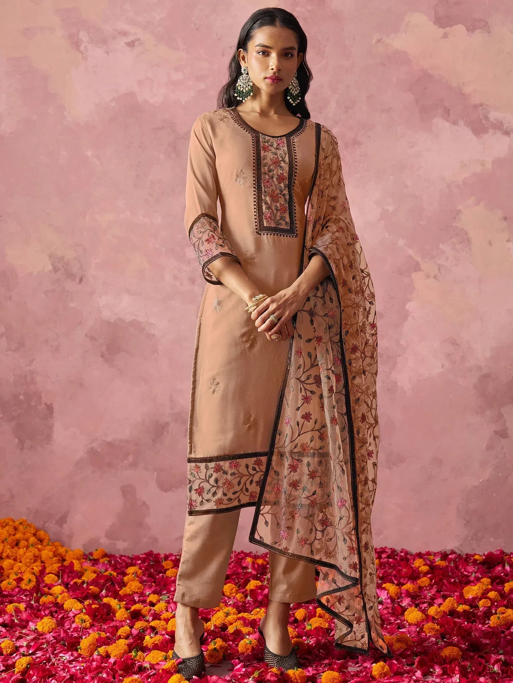 Beige embroidered salwar kameez with floral dupatta, perfect for Indian ethnic wear occasions