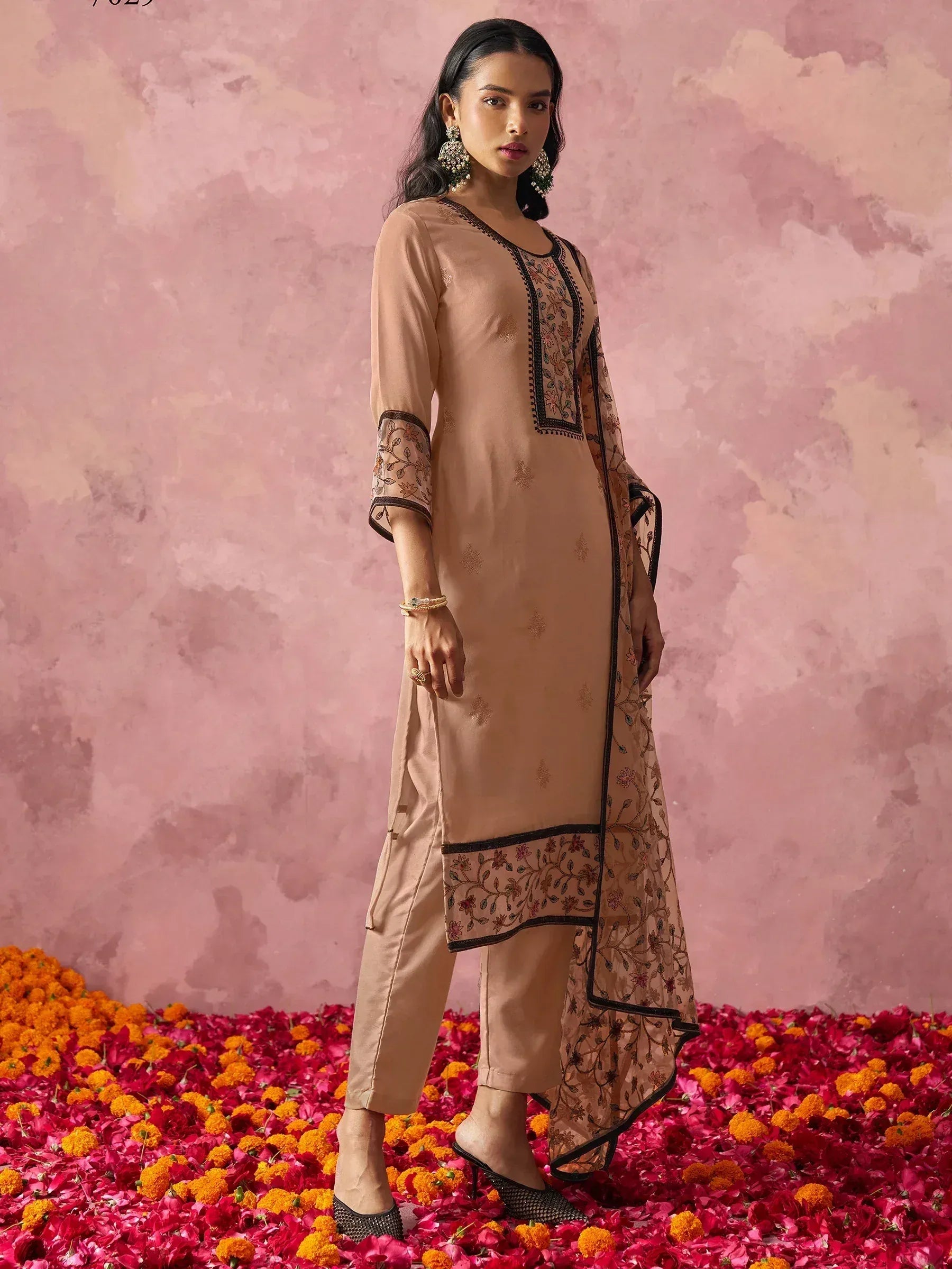 Beige embroidered salwar kameez with floral dupatta, perfect for Indian ethnic wear occasions