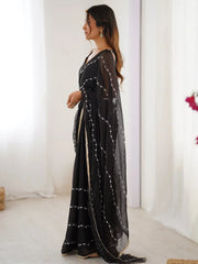 Majestic Black Chiffon Beads Work Saree With Blouse - Ethnic Plus In