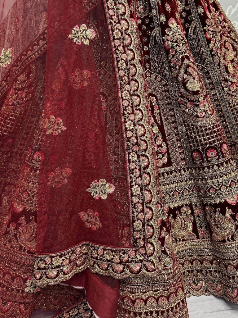 Majestic Dark Maroon Velvet Bridal Lehenga Choli With Double Dupatta - Ethnic Plus In