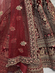 Majestic Dark Maroon Velvet Bridal Lehenga Choli With Double Dupatta - Ethnic Plus In