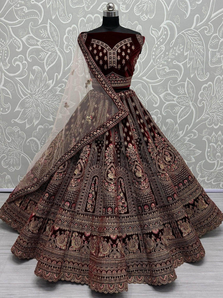 Majestic Dark Maroon Velvet Bridal Lehenga Choli With Double Dupatta - Ethnic Plus In