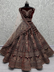 Majestic Dark Maroon Velvet Bridal Lehenga Choli With Double Dupatta - Ethnic Plus In