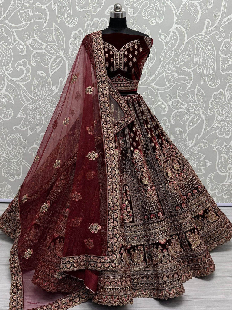 Majestic Dark Maroon Velvet Bridal Lehenga Choli With Double Dupatta - Ethnic Plus In