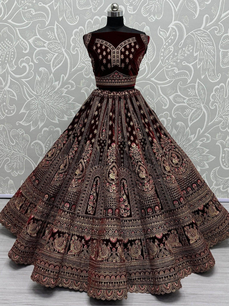 Majestic Dark Maroon Velvet Bridal Lehenga Choli With Double Dupatta - Ethnic Plus In