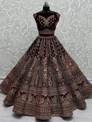 Majestic Dark Maroon Velvet Bridal Lehenga Choli With Double Dupatta - Ethnic Plus In