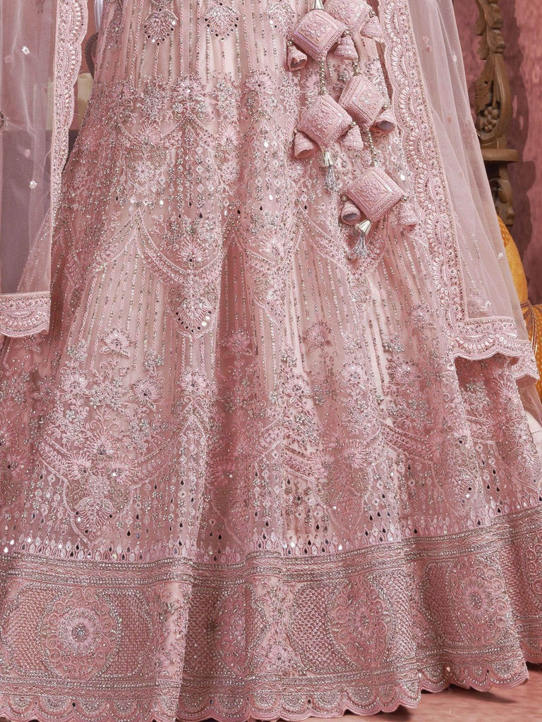 Majestic Dusty Pink Mirror Work Net Bridal Wear Lehenga Choli - Ethnic Plus In