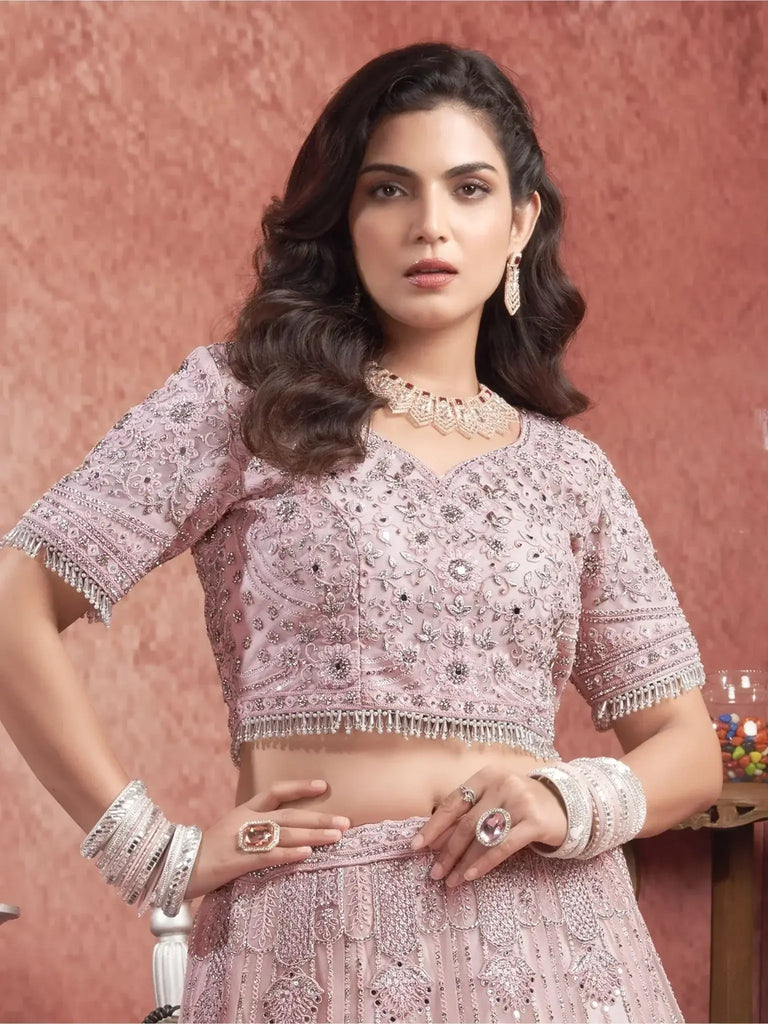 Majestic Dusty Pink Mirror Work Net Bridal Wear Lehenga Choli - Ethnic Plus In