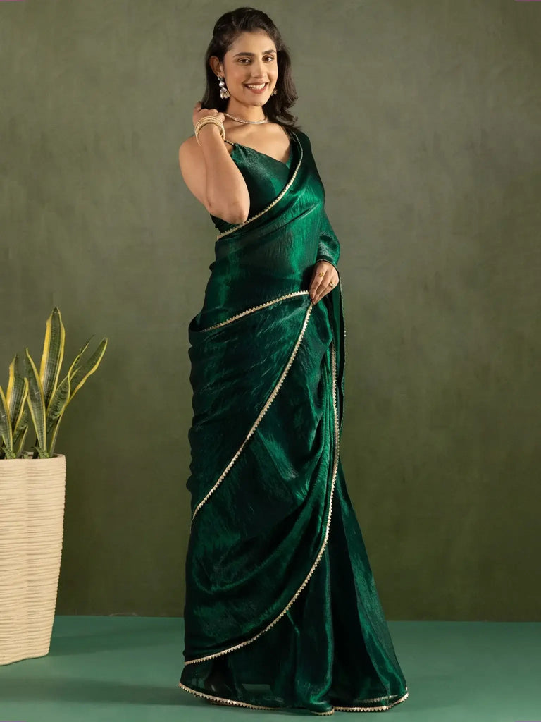 Majestic Green Bordered Chiffon One Minute Saree With Blouse - Ethnic Plus In