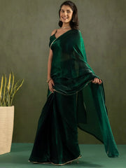 Majestic Green Bordered Chiffon One Minute Saree With Blouse - Ethnic Plus In